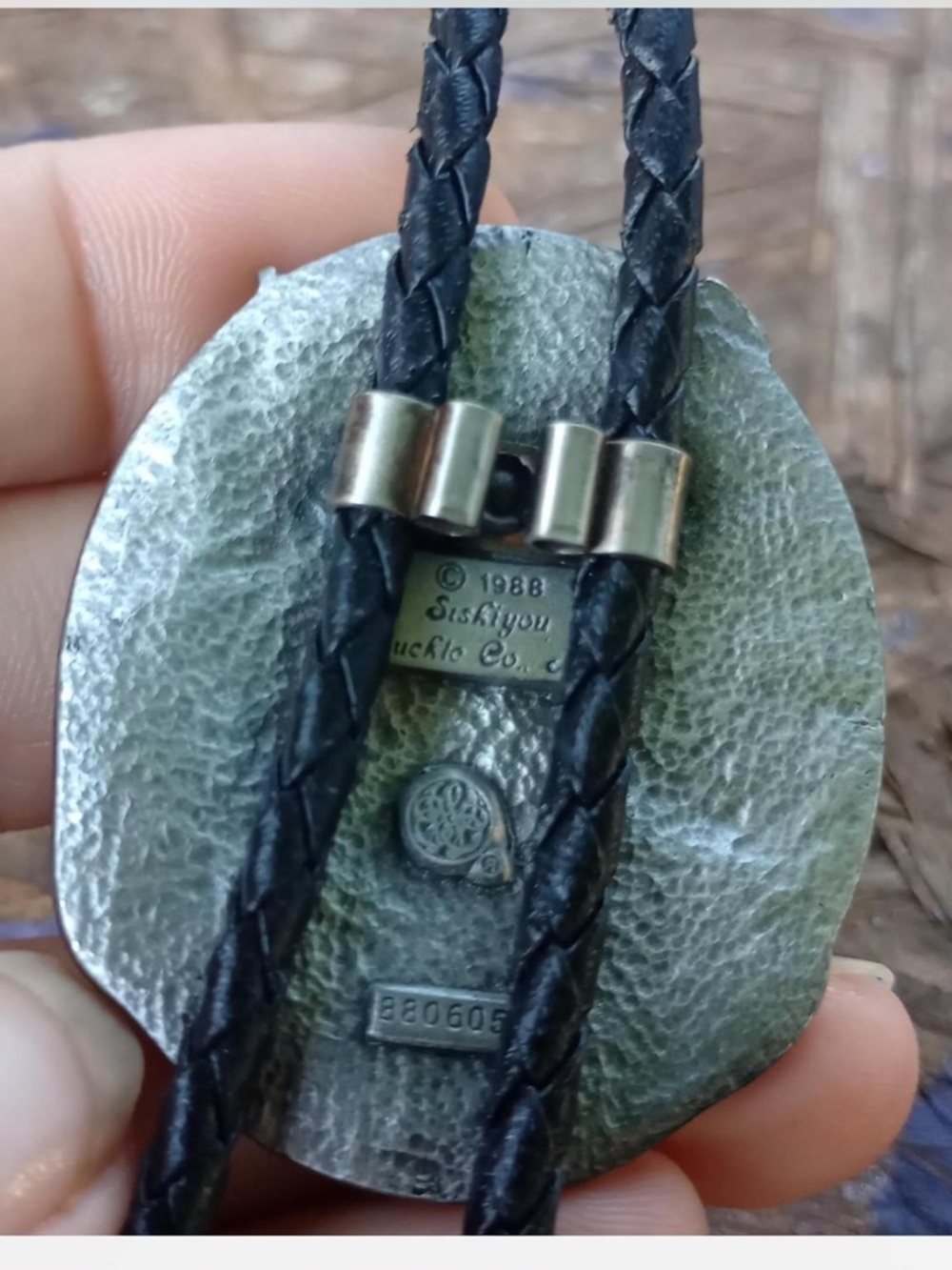 Black Braided Bolo Tie Necklace with Hand-Painted Floral and Guitar Slide - Picture 3 of 5